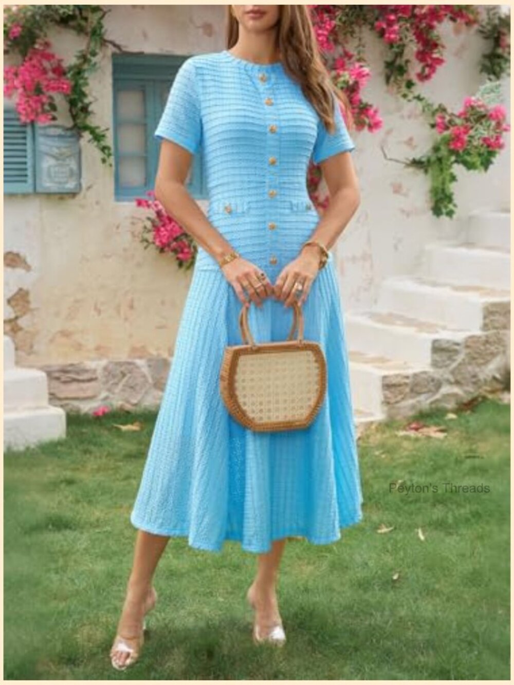 Textured Slim Fit Midi Dress with Short Sleeves and Crewneck - Picture 3 of 7